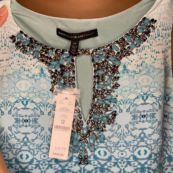 WHBM Oasis Blue Shift Lined Dress Embellished Print Sleeveless Small Petite - Picture 9 of 14